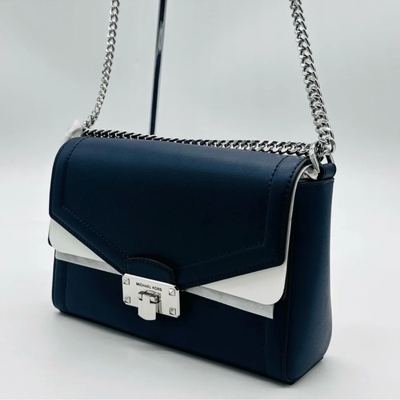 Michael Kors Handbags - Michael Kors Kinsley leather Medium shoulder Flap Crossbody Bag Navy Blue